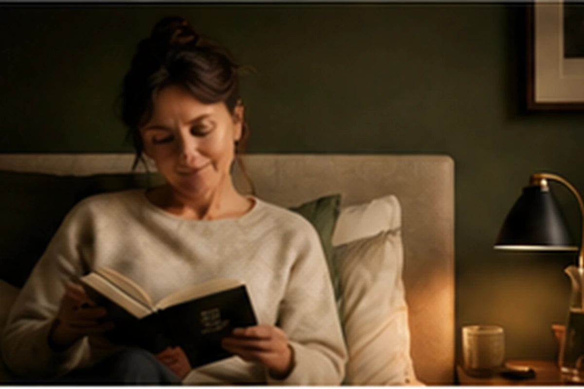 Woman reading as part of her evening routine