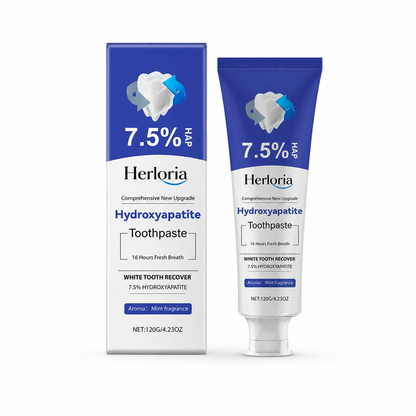 Herloria 7.5 percent hydroxyapatite toothpaste tube and box