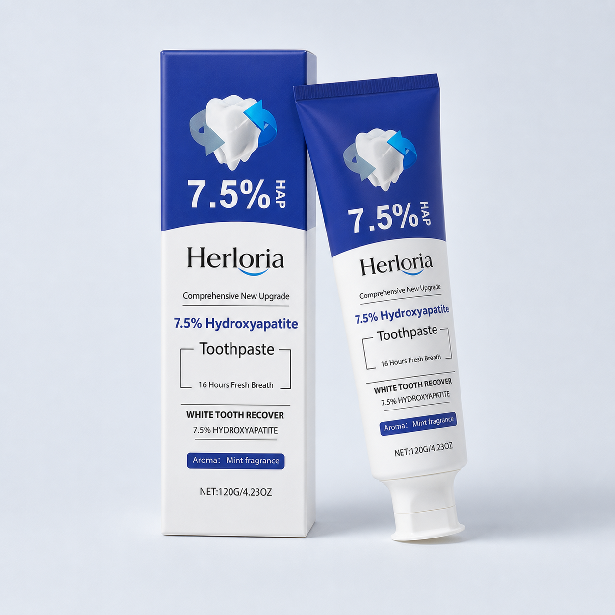 Herloria hydroxyapatite toothpaste angled package view