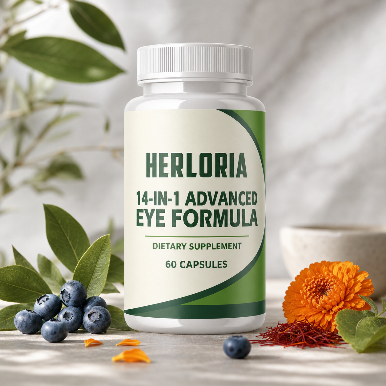 Herloria eye formula bottle with botanical ingredient context