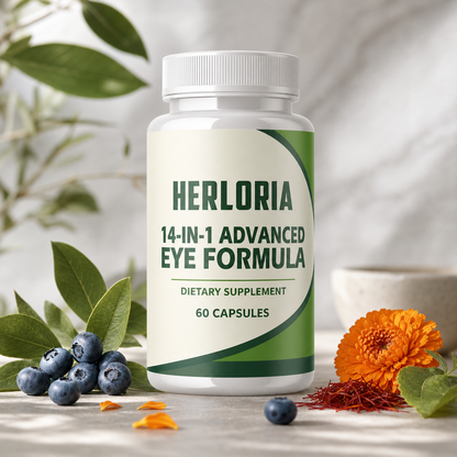 Herloria eye formula bottle with botanical ingredient context