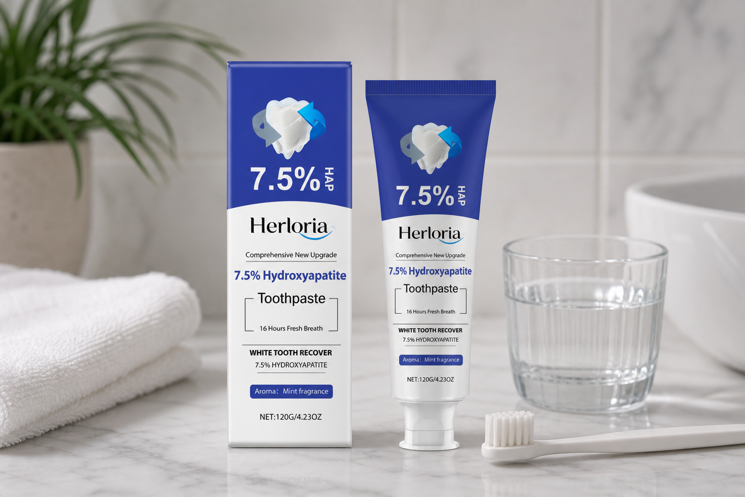 Herloria hydroxyapatite toothpaste in a bathroom setting