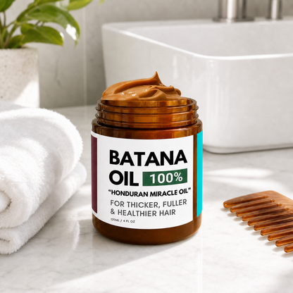 Batana oil jar in a hair-care setting