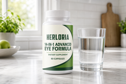 Herloria eye formula bottle beside a glass of water