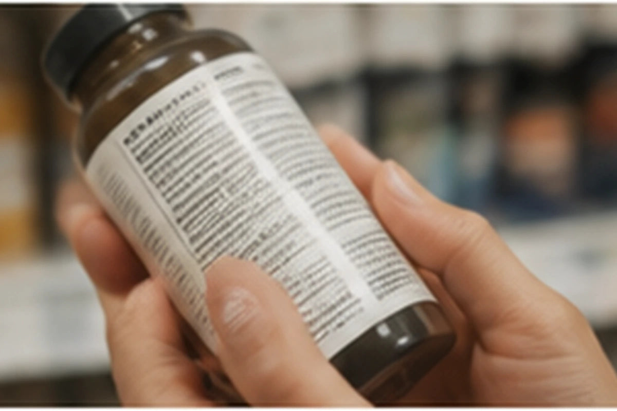 Shopper reviewing the facts panel on a supplement bottle