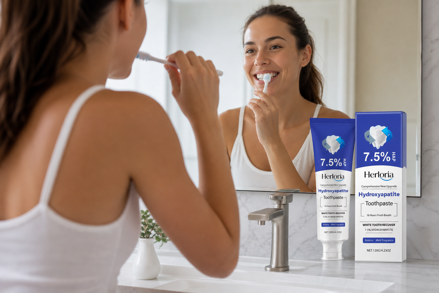 Brushing with Herloria hydroxyapatite toothpaste